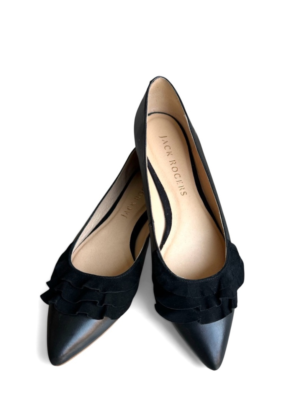 Jack Rogers Rose Ruffle Flats Pointed Toe Black Leather